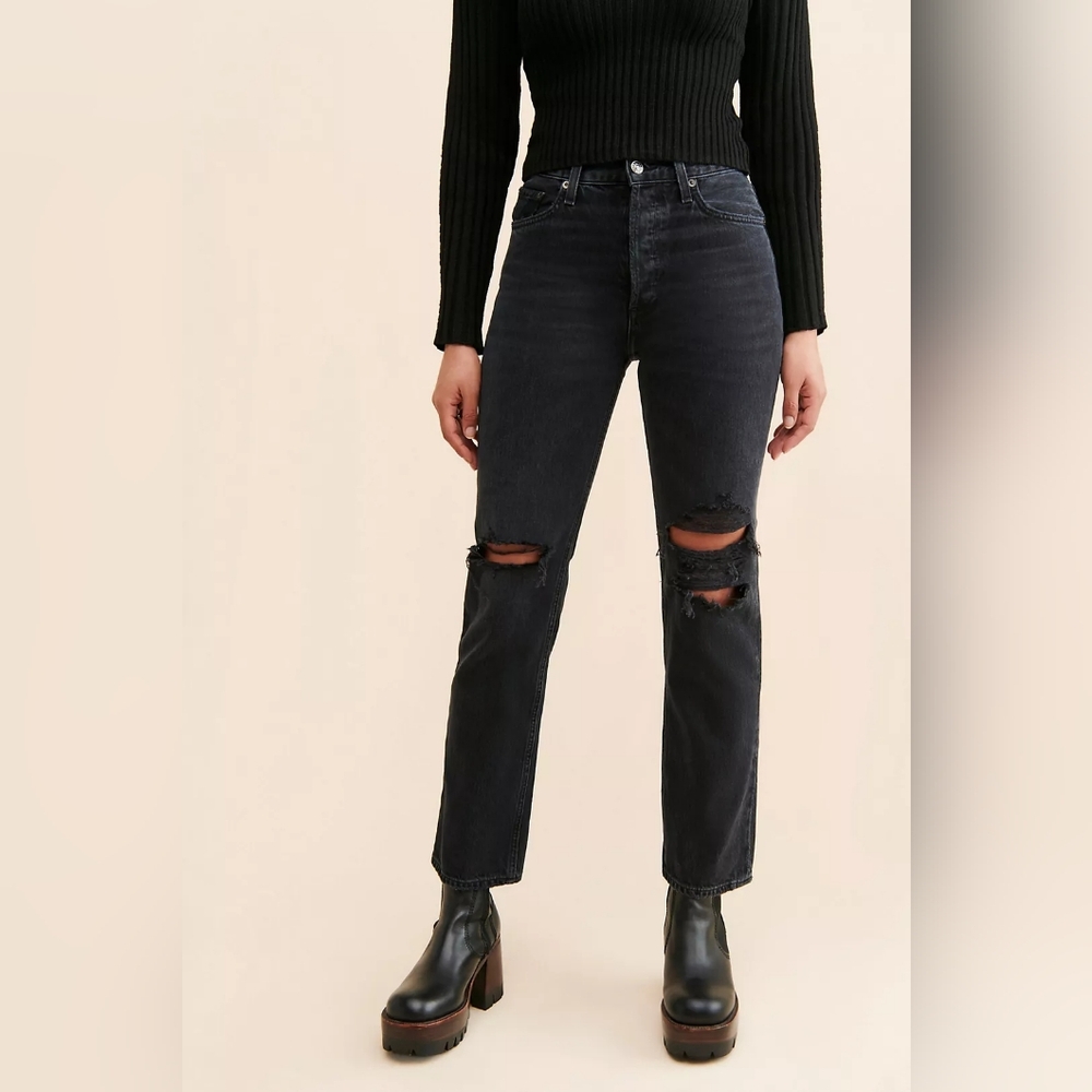 AGOLDE 'Lana' Mid-Rise Vintage Straight Jeans Distressed Black Size 23